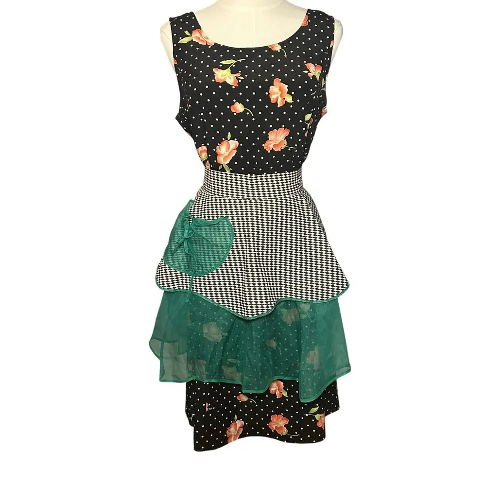 VTG 1950s Harlequin Organza Hostess Apron Green Sheer Ruffle Miu Miu Style OS